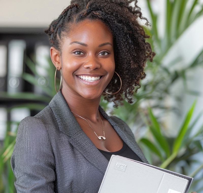 A medical front office assistant and administration specialist greets a patient at a healthcare reception desk, entering information into a computer and managing appointments in a professional clinical environment.
